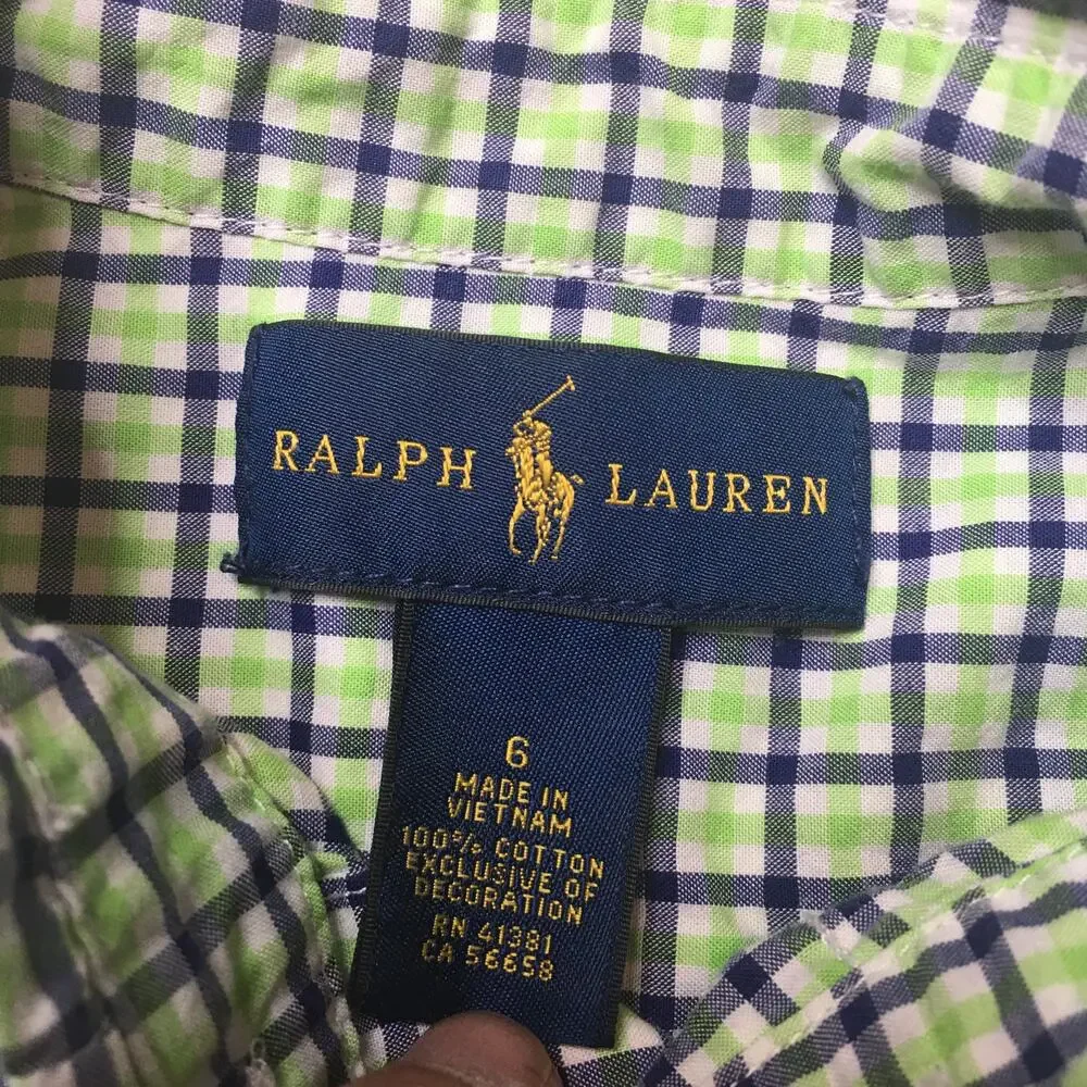 Ralph Lauren Boys Green White Navy Blue Plaid Shirt Size 6